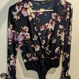 Boohoo Floral Deep V-Neck Long Sleeve Bodysuit